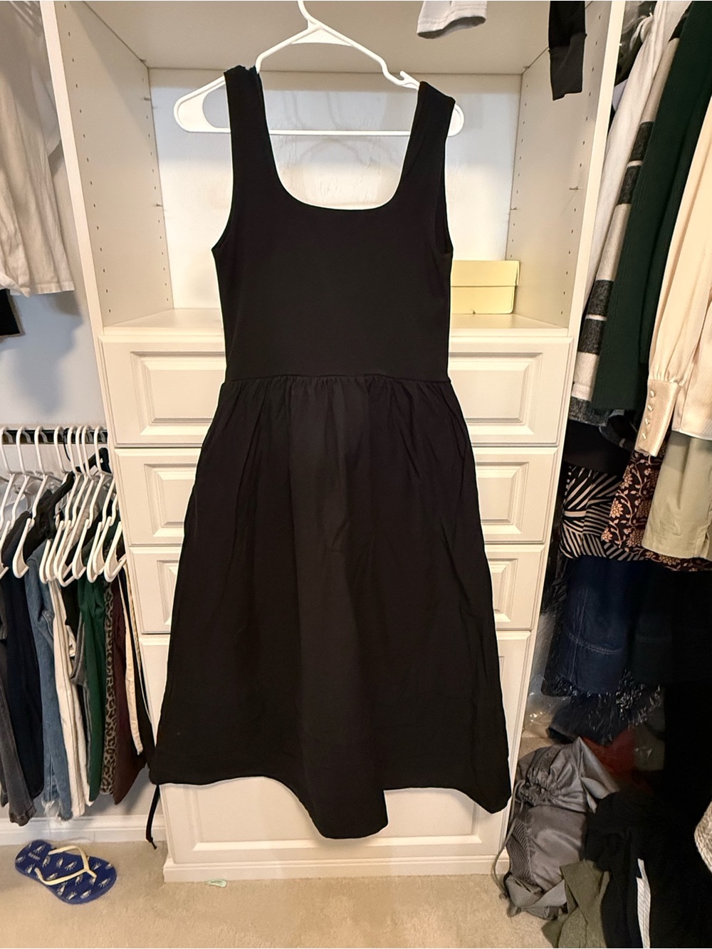 J. Crew Black Sleeveless Midi Dress with Gathered Skirt